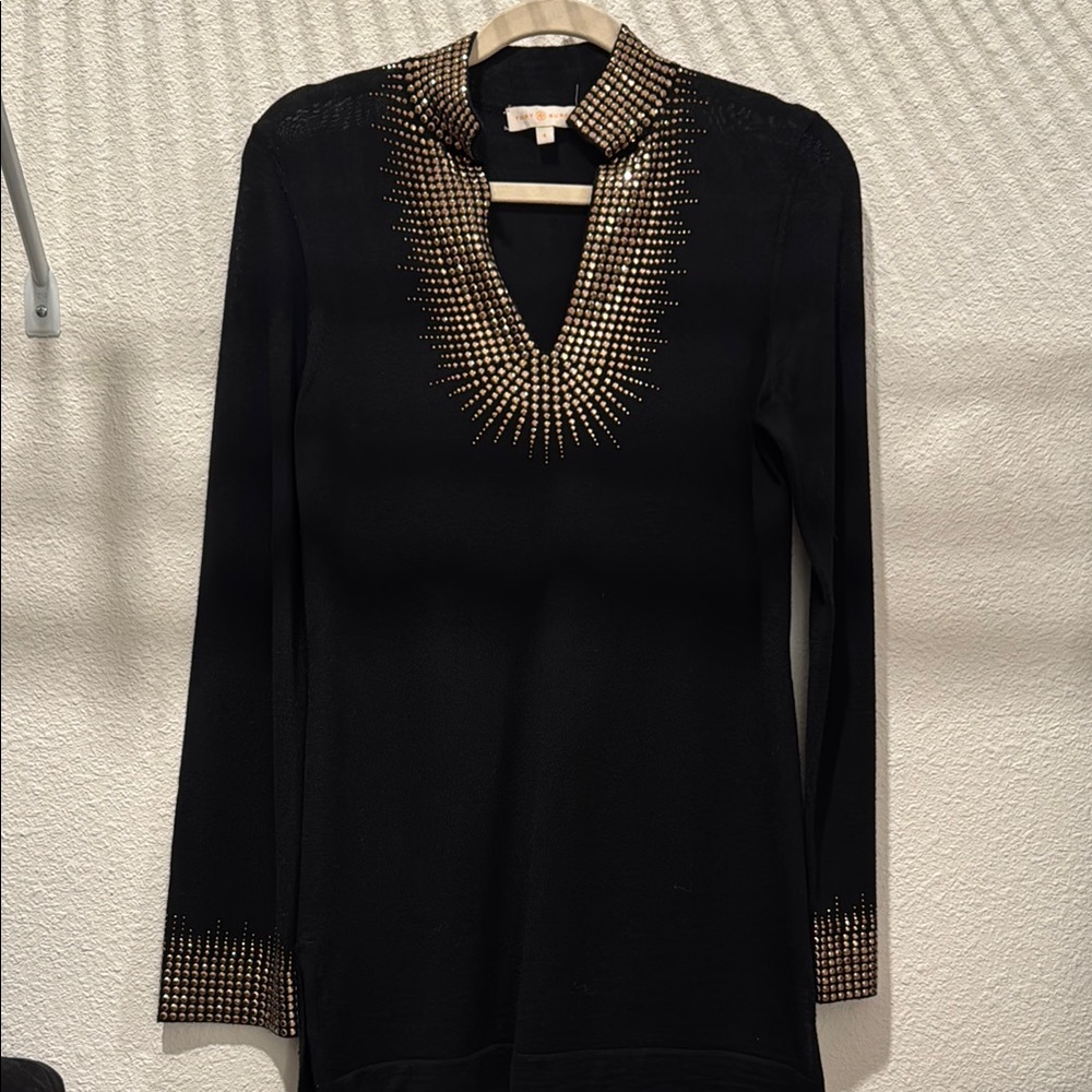 Tory Burch Black Long Sleeve Top with Gold Studded Design